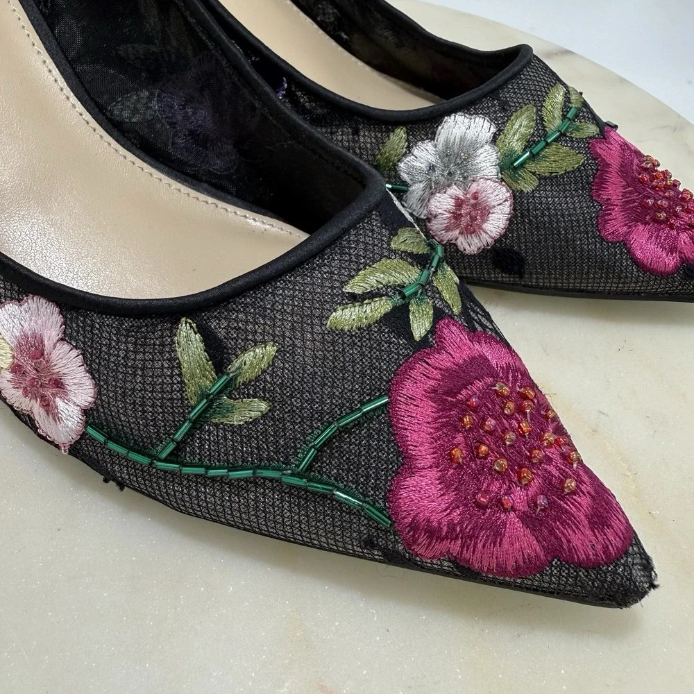 Betsey Johnson Black SB-Lira Women's Embroidered Beaded Size 9.5M Slingback Pump